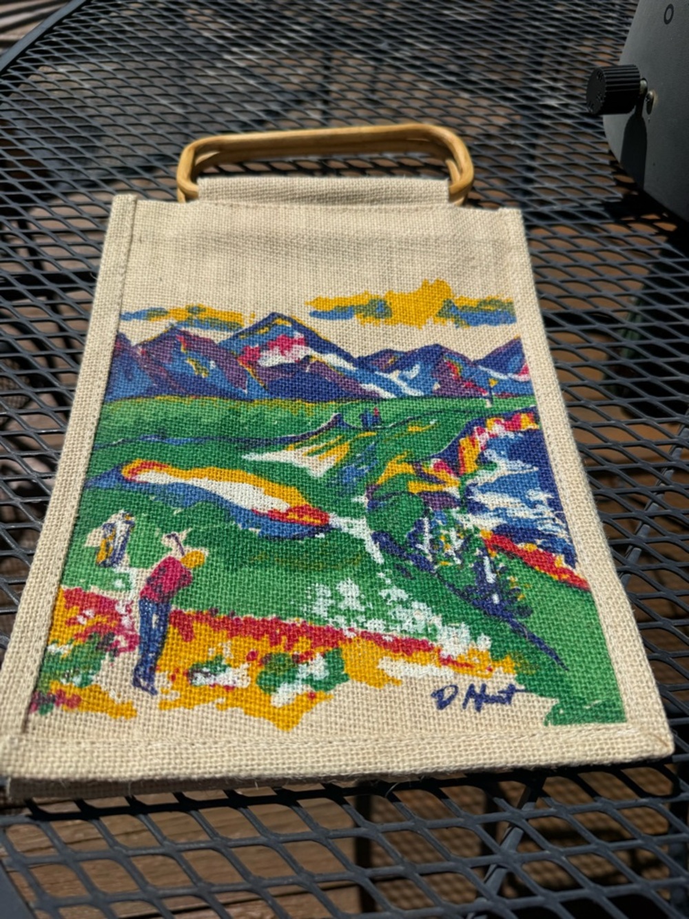 Hand-Painted Golf Scene Tote with Wood Handle